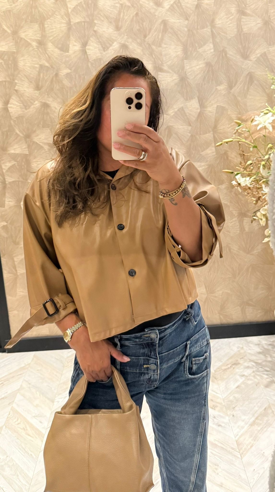 Gea camel leather look trenchcoat