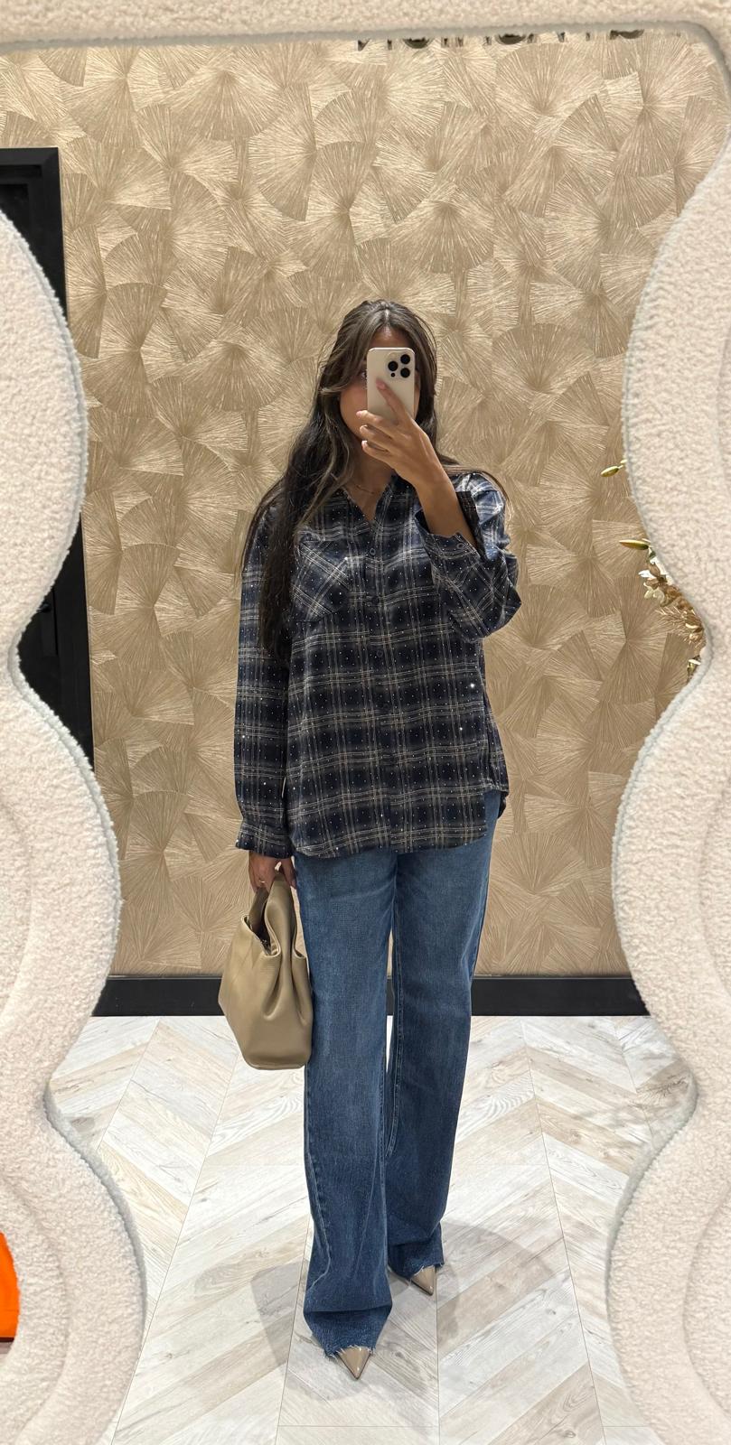 Riven navy blouse met ruitjes print