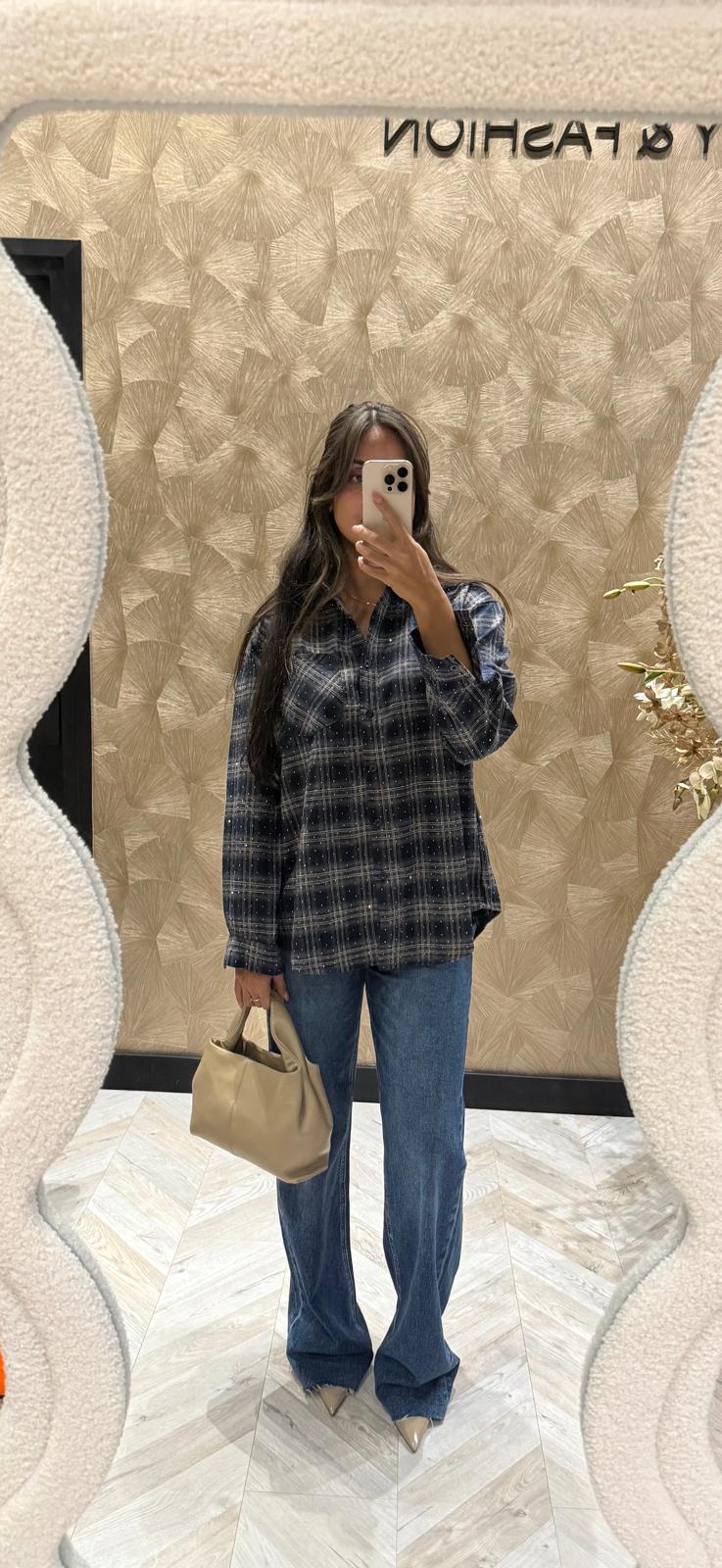 Riven navy blouse met ruitjes print