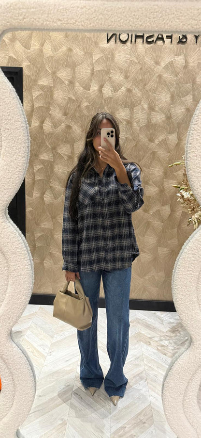 Riven navy blouse met ruitjes print