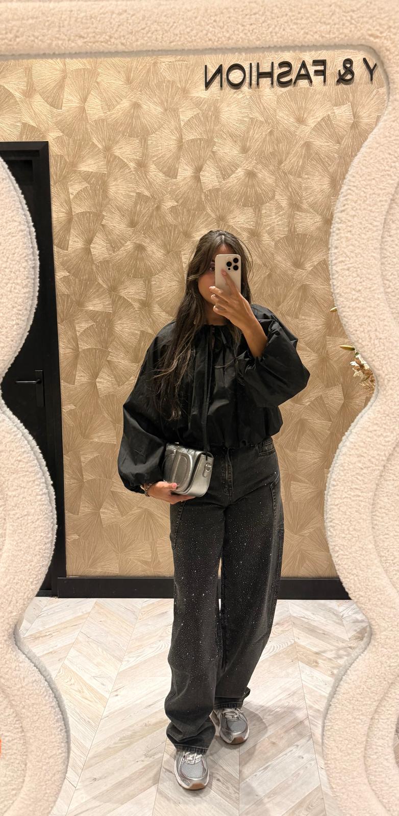 Queensheart donker grijze stretch broek met strass steentjes